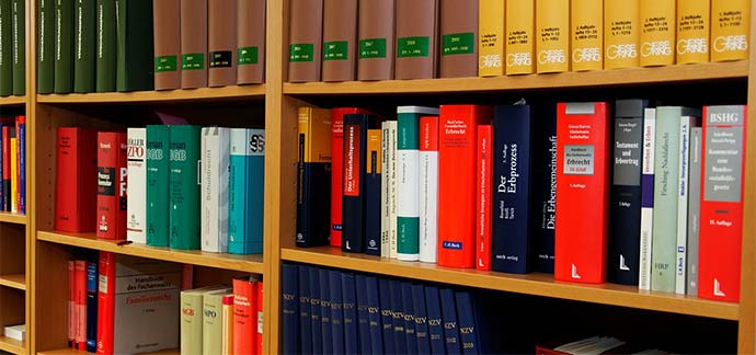 Rows of serious-looking books on a bookshelf.