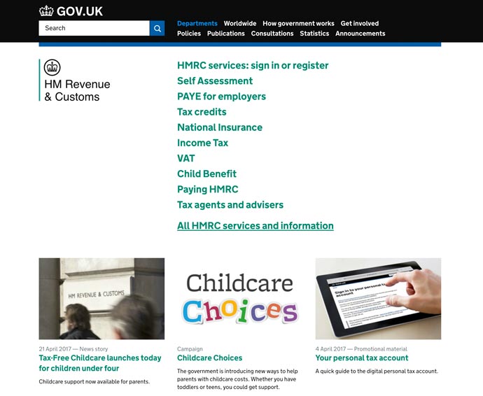 screenshot of HMRC homepage 2017