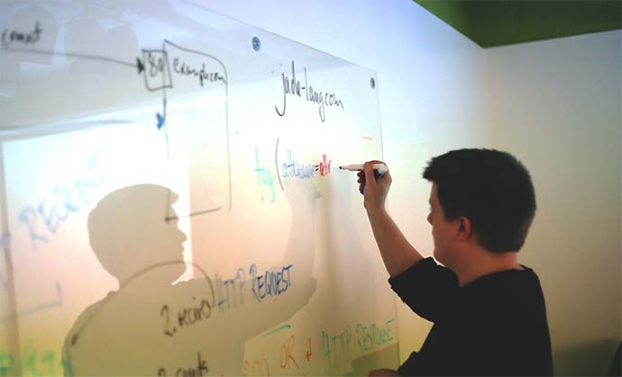 man writing on whiteboard during training session