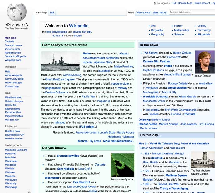 screenshot of wikipedia homepage 2017