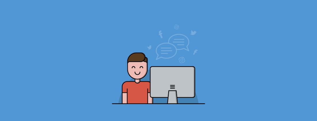 Cartoon of smiling man sitting at a computer screen